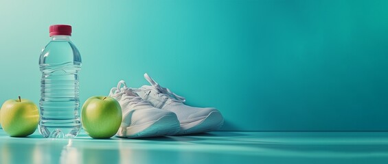 Water bottle, dumbbells, green apple, and sports shoes, healthy lifestyle banner, photography