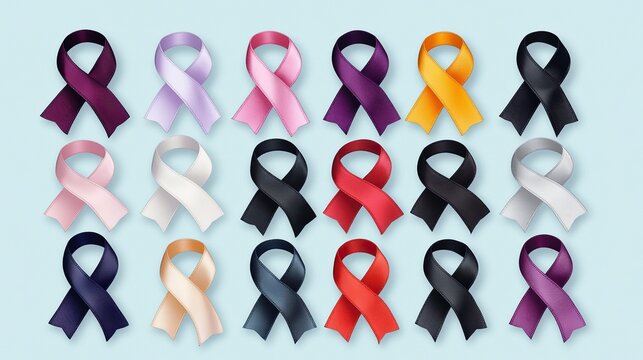 This stock photo features an array of cancer ribbons arranged in the shape of an on a light blue background, symbolizing support and awareness for various medical causes such as Cancer Awareness Day. 