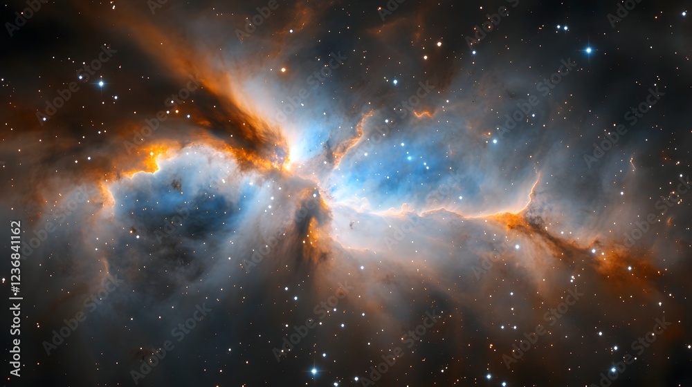 Poster witness the captivating display of a vibrant nebula its colorful gases and dust swirling amidst the 