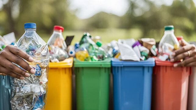People sorting recyclables into colorful bins in a park during a sunny afternoon