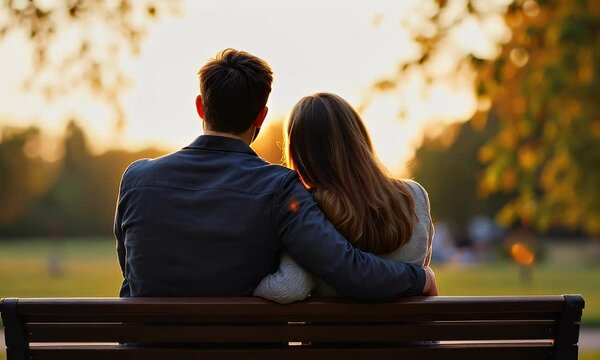 Couple embraces sunset park bench romance