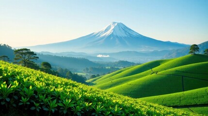Fototapeta premium Serene Landscape Featuring Verdant Rolling Hills and a Majestic Snow-Capped Mountain in the Distance under a Clear Sky