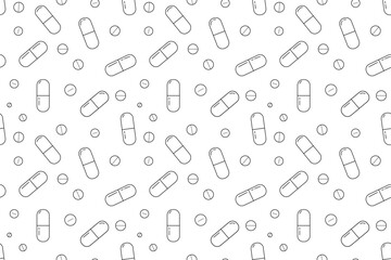 Medical pills seamless pattern. Outline pills background. Pills and capsules pattern in black and white.