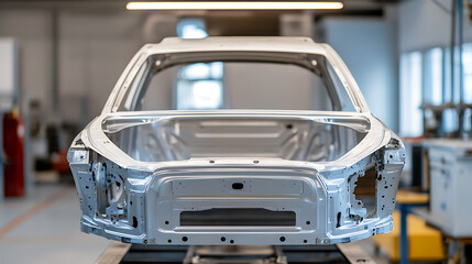 Car frame in an automotive factory on an assembly line.