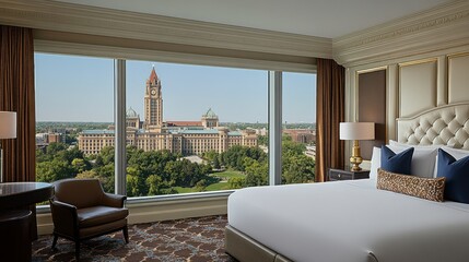 Luxurious hotel room with city view of government building