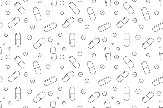 Medical pills seamless pattern. Outline pills background. Pills and capsules pattern in black and white.