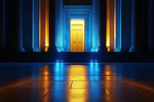 Illuminated classical architecture with glowing columns and golden door. Vibrant nighttime urban landmark. Symbol of luxury and sophistication.