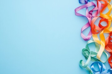 This stock photo features multiple colorful ribbons arranged in an X shape on the left side of the frame against a light blue background, symbolizing cancer awareness and support
