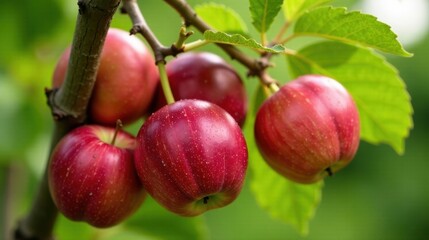 Vibrant Red Apples Hanging on a Lush Green Branch, Displaying a Close-Up View of Juicy, Ripe Fruit Ready for Harvest