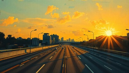 Fototapeta premium Sunrise action on urban highway cityscape roadway photography vibrant environment panoramic view journey concept