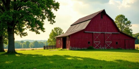 Obraz premium Rustic red barn stands majestically in a verdant pasture, bathed in the warm glow of sunlight, a picturesque rural landscape.