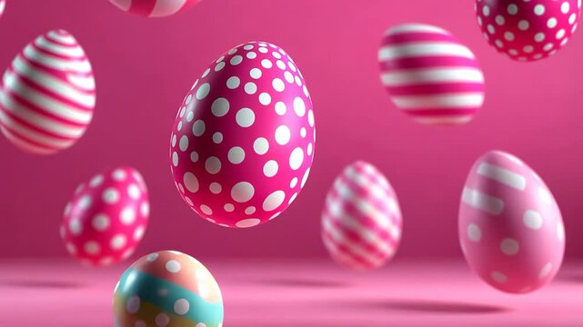 Bunch of pink and white eggs with polka dots flying through the air. Concept of playfulness and joy, as the eggs are often associated with Easter celebrations