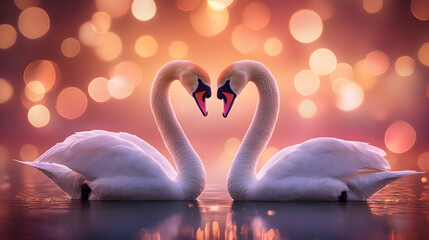 Fototapeta premium A pair of swans in love with curved necks in the shape of a heart float on the surface of a lake. Declaration of love. Valentine's Day card, wedding invitation.