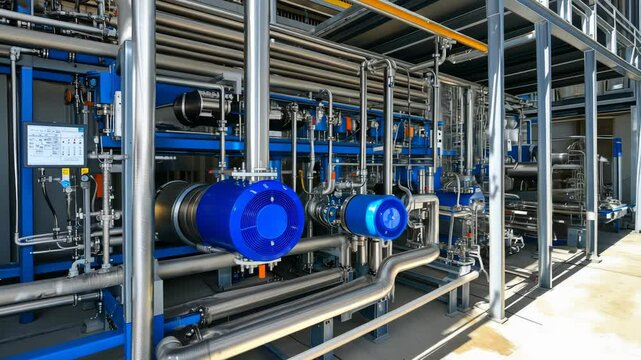 Industrial equipment installation showcasing extensive piping system and machinery in operational facility