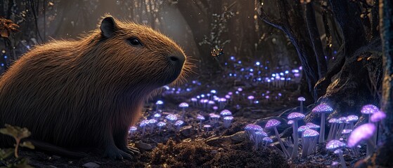 Capybara gazing at bioluminescent mushrooms in a dark forest, glowing magic,Super Detailed ,16 K ,Masterpiece --ar 7:3 --style raw --v 6.1 Job ID: fbff75f6-0aab-46f4-a621-66eb970b9e28