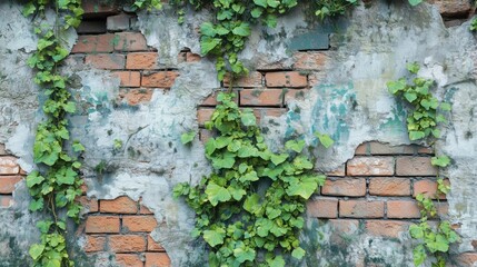 Overgrown Brick Wall with Green Vines and Texture Details
