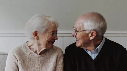 Senior couple sitting together on a cozy sofa, sharing a loving moment. Romantic gesture with a red rose symbolizing affection, warmth, and lifelong companionship. - Powered by Adobe