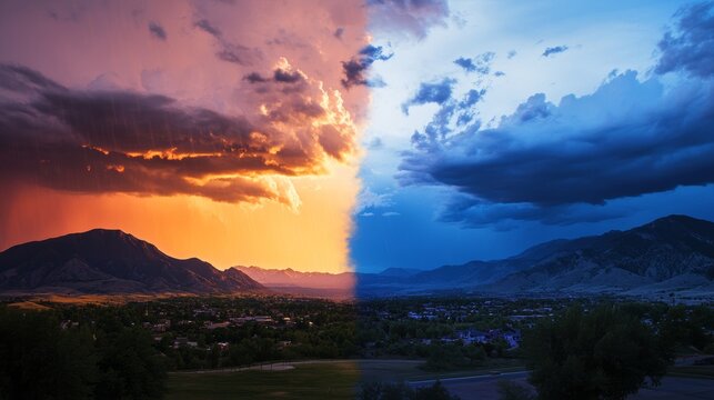 Stunning sunset mountain view split by stormy and clear skies with artistic street elements