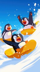 Playful Penguins Sledding Down Snowy Hill Under Clear Blue Sky