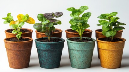 Obraz premium Vibrant Herb Seedlings in Colorful Pots Gardening Botany Spring Growth