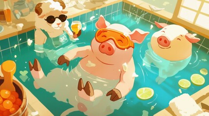 Fototapeta premium Three Cartoon Pigs Relaxing in a Bright Indoor Pool with Watermelon and Citrus Decor