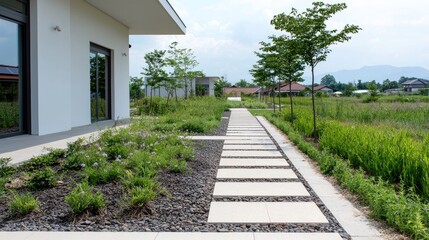 Fototapeta premium Modern house garden path landscape design