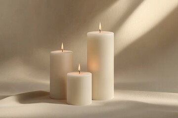 Three white candles of different sizes on a beige background, front view, studio shot, soft lighting, photorealistic, high-resolution photography. 