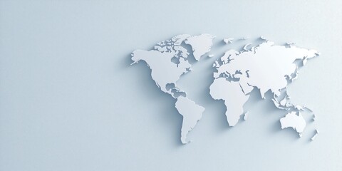 Minimalistic white 3D map of the world on a plain light background. Modern design and global perspective.