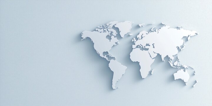 Fototapeta Minimalistic white 3D map of the world on a plain light background. Modern design and global perspective.