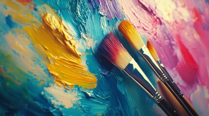 Obraz premium A vibrant canvas features bold, colorful strokes with three paintbrushes resting against it, showcasing the artistry and creativity of painting.