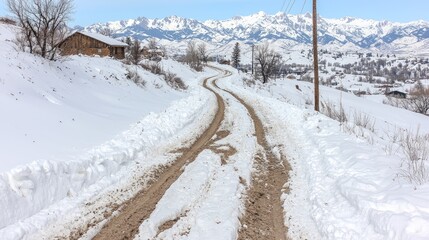 Obraz premium Winding snow-covered road, mountain backdrop, rural winter scene, travel photography