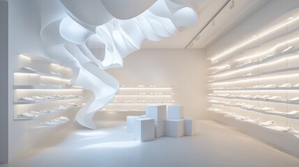 minimalist white shoe store interior design