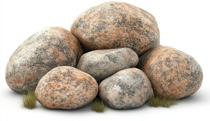 Close up view of a pile of tan and gray speckled rocks, some smaller than others, set against a stark white background. Small tufts of green moss are