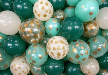 Close up view of numerous balloons in shades of teal, mint green, off white, and gold. The balloons feature gold polka dots and glitter accents