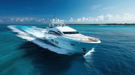 Luxurious yacht speeds through tropical waters, scenic islands in background