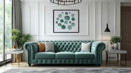 Teal tufted sofa in a modern living room with white walls, framed artwork, and side tables. Soft lighting and neutral decor create a calm atmosphere
