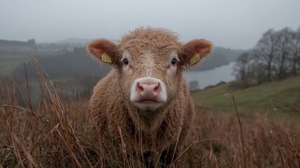 Obraz premium Fluffy cow stares, misty Irish field