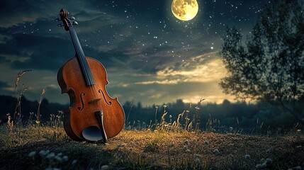 A beautifully crafted wooden violin stands majestically on a grassy field under a starry night sky, illuminated by the soft glow of a large, full moon. The scene captures the tranquility of nature, wi