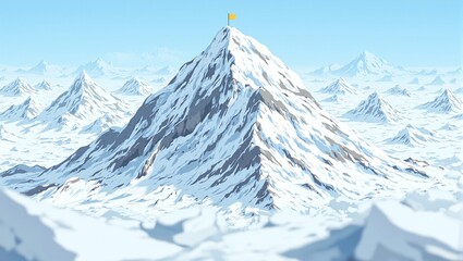Majestic glacier mountain with yellow flag icy landscape  distant ridges