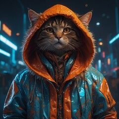 A highly detailed anime-style anthropomorphic cat, dressed in vibrant, futuristic streetwear. The cat is wearing a bright orange oversized hoodie with clean, futuristic symbols and abstract patterns (