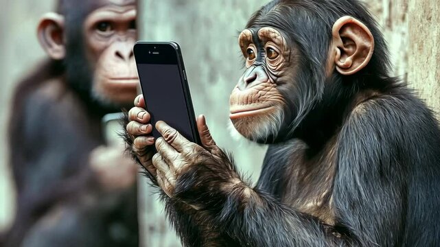 Baby monkey is holding a cell phone up to his face. Concept of curiosity and playfulness, as the monkey seems to be exploring the device and possibly trying to understand its purpose