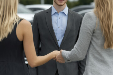 A man in a suit shakes hands with a woman in a suit