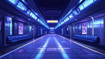 Fototapeta premium A futuristic subway station illuminated by blue neon lights, featuring empty benches and sleek, modern architecture.