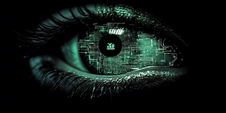 Futuristic cybernetic eye with glowing green digital interface and circuit details