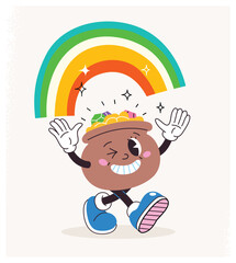 Happy cartoon pot with gold character with rainbow over their head. Vector illustration