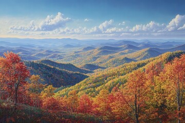 Autumnal mountain range vista, scenic landscape, fall foliage, panoramic view, nature wallpaper.