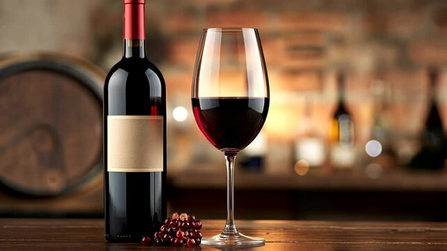 Bottle of red wine and a wine glass are on a wooden table. The wine glass is half full and the bottle is almost empty