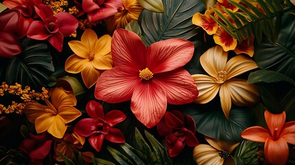 Vibrant tropical flowers and lush foliage background.