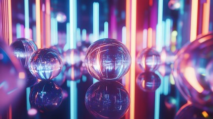 neon lights reflecting on glass spheres