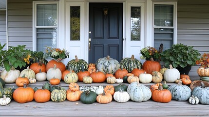 A charming front porch adorned with a vibrant collection of pumpkins in various shapes, sizes, and colors, showcasing a mix of traditional orange pumpkins, white pumpkins, and unique heirloom varietie